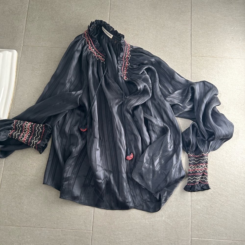 Ulla Johnson silky grey top with 3/4 leng sleeves and embroidered trim.  Med
